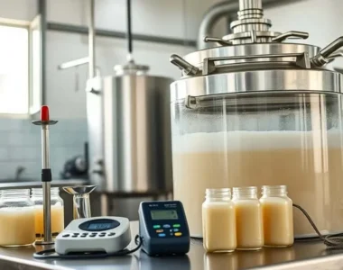 Worker monitoring white coconut sugar color consistency in stainless steel vat at clean factory, refractometer and thermometer nearby for quality control