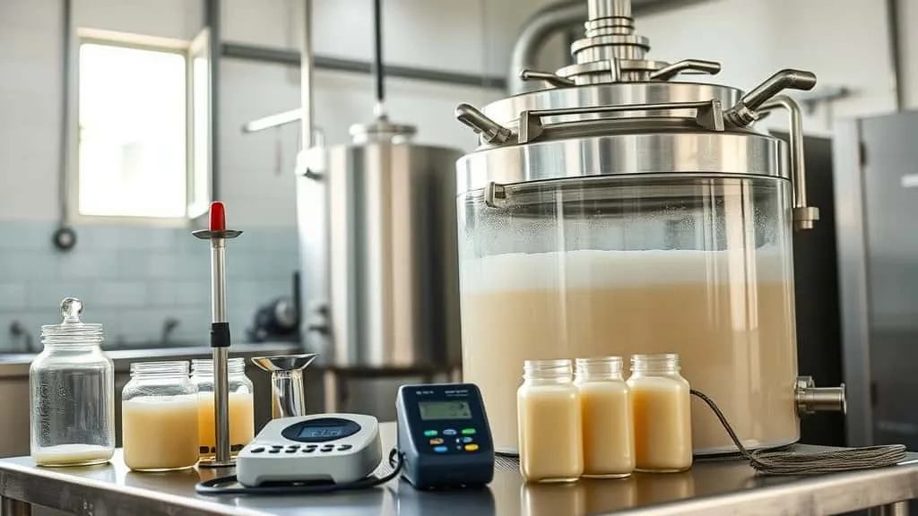 Worker monitoring white coconut sugar color consistency in stainless steel vat at clean factory, refractometer and thermometer nearby for quality control