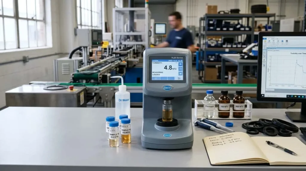 Turbidity meter for QC gasket production measuring liquid sample with digital display and data logging interface in realistic lab setting.