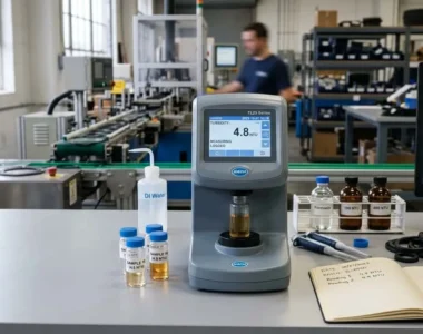 Turbidity meter for QC gasket production measuring liquid sample with digital display and data logging interface in realistic lab setting.