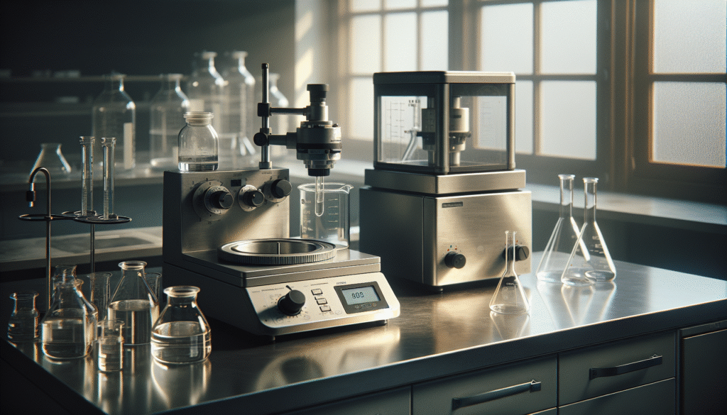 High-quality viscometer and homogenizer on a laboratory benchtop for testing hospital disinfectant viscosity and homogeneity.