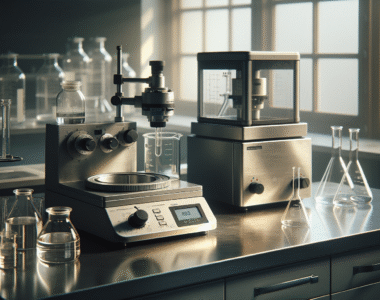 High-quality viscometer and homogenizer on a laboratory benchtop for testing hospital disinfectant viscosity and homogeneity.