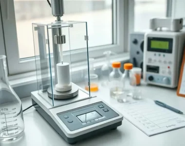 Analytical balance weighing white powder with moisture analyzer and beakers in natural-lit lab
