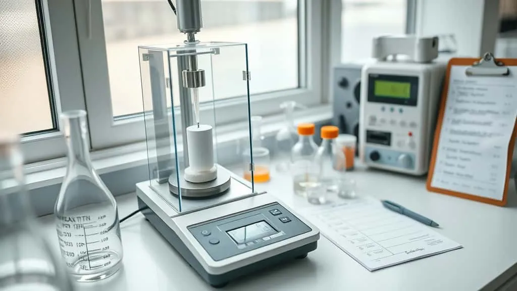 Analytical balance weighing white powder with moisture analyzer and beakers in natural-lit lab