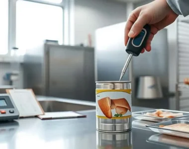 Quality control inspector testing moisture in opened canned fish with handheld analyzer in food processing lab