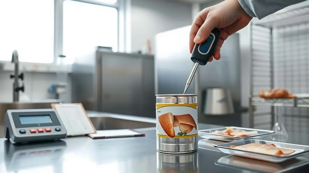 Quality control inspector testing moisture in opened canned fish with handheld analyzer in food processing lab