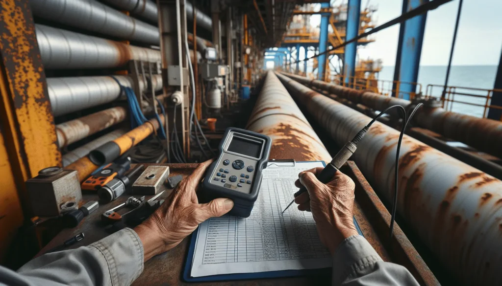 Technician using an ultrasonic thickness gauge to inspect a corroded pipeline on an offshore gas platform, highlighting infrastructure inspection and maintenance strategies.