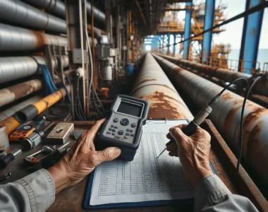 Technician using an ultrasonic thickness gauge to inspect a corroded pipeline on an offshore gas platform, highlighting infrastructure inspection and maintenance strategies.