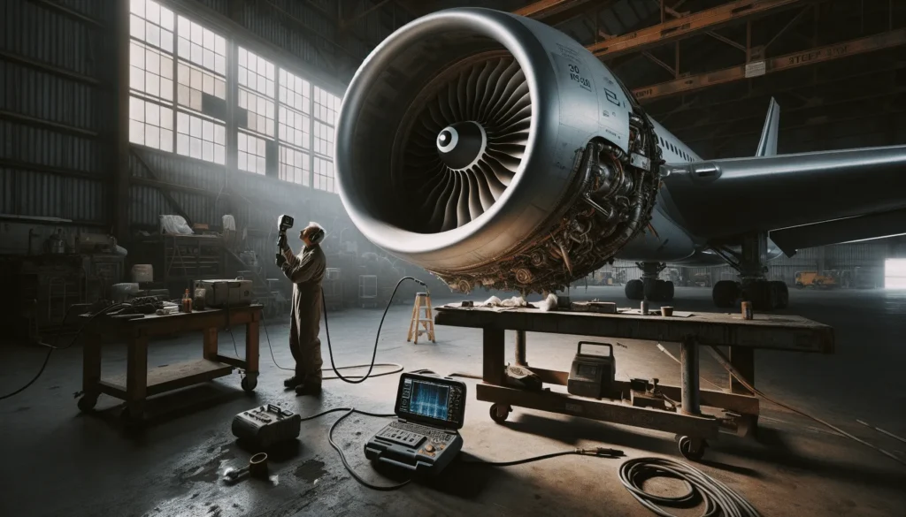 Thermal inspection of engine turbine blade with vibration analyzer in hangar, preventing aircraft abort takeoff.