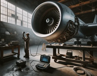 Thermal inspection of engine turbine blade with vibration analyzer in hangar, preventing aircraft abort takeoff.