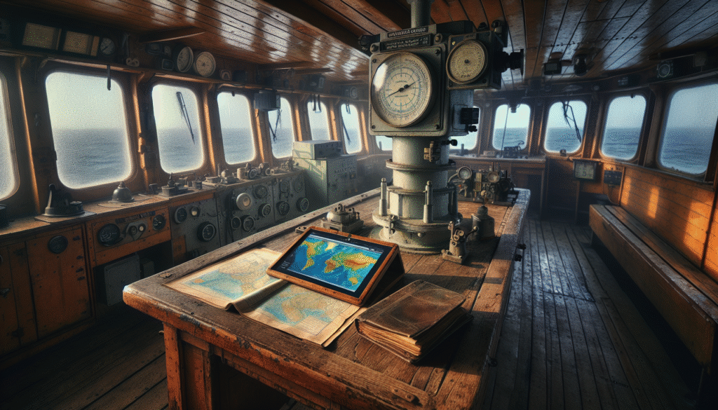 A weathered maritime weather station on a cargo ship's bridge, with a tablet displaying real-time BMKG weather data overlaid on a nautical chart for logistics and transport.