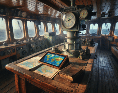 A weathered maritime weather station on a cargo ship's bridge, with a tablet displaying real-time BMKG weather data overlaid on a nautical chart for logistics and transport.