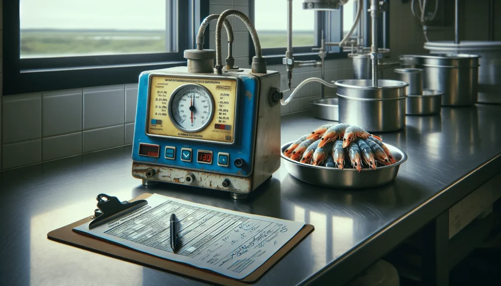 A water activity meter measuring frozen shrimp on a sterile dish in a food safety lab, with HACCP documentation visible, for quality control in a processing plant.