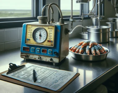 A water activity meter measuring frozen shrimp on a sterile dish in a food safety lab, with HACCP documentation visible, for quality control in a processing plant.