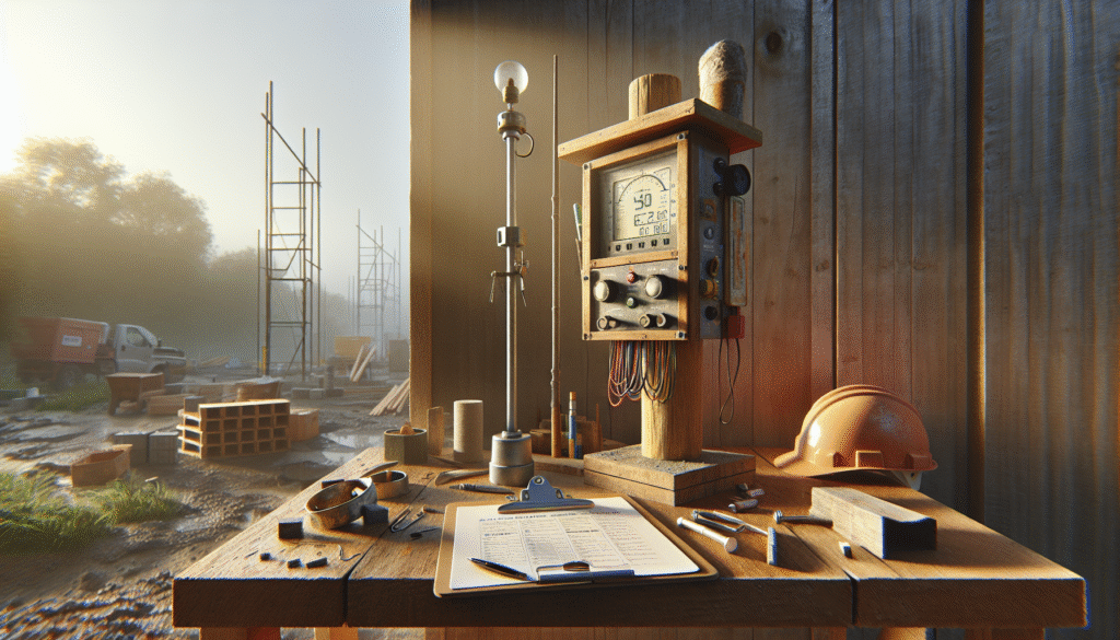 Weather station integrated with safety gear on an active construction site for K3 project monitoring.