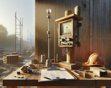 Weather station integrated with safety gear on an active construction site for K3 project monitoring.