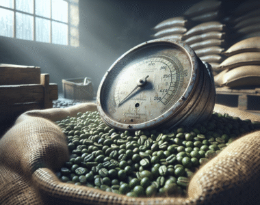 Weathered hygrometer on a burlap sack of green coffee beans in a rustic warehouse, with natural condensation and scattered beans, illustrating moisture control for coffee during the rainy season.