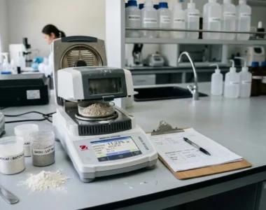 Moisture analyzer measuring inconsistent moisture content in mocaf and sagu flour samples in a quality control lab.