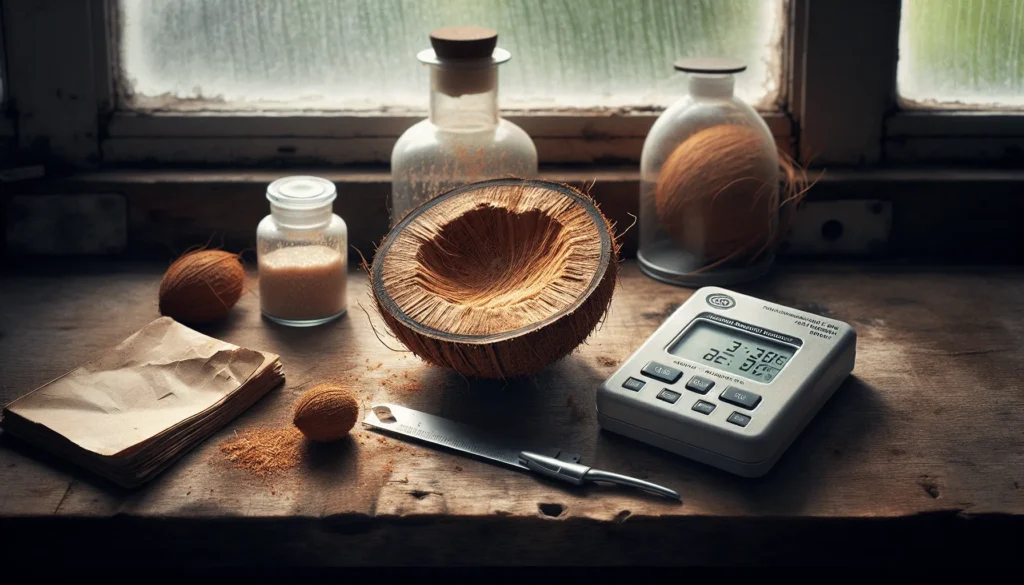 Weathered organic coconut flesh on a wooden counter with a portable moisture analyzer and aw meter digital screen, key instruments for understanding shelf life moisture content.