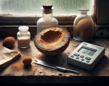 Weathered organic coconut flesh on a wooden counter with a portable moisture analyzer and aw meter digital screen, key instruments for understanding shelf life moisture content.