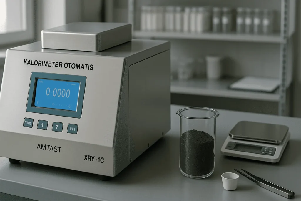 Kalorimeter otomatis AMTAST XRY-1C siap uji nilai kalor kayu sengon laut di laboratorium QC dengan sampel serbuk gergaji dan timbangan digital.