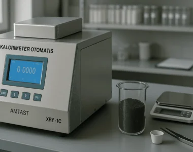 Kalorimeter otomatis AMTAST XRY-1C siap uji nilai kalor kayu sengon laut di laboratorium QC dengan sampel serbuk gergaji dan timbangan digital.