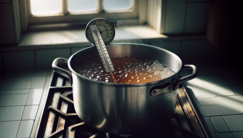 Sirup gula amber mendidih dalam panci dengan termometer permen, menunjukkan kekentalan ideal untuk tekstur sempurna.