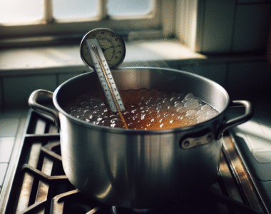 Sirup gula amber mendidih dalam panci dengan termometer permen, menunjukkan kekentalan ideal untuk tekstur sempurna.