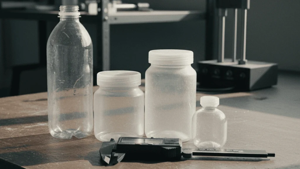Digital caliper next to a translucent plastic bottle on a workbench, representing quality control for plastic bottle thickness.