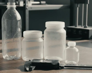 Digital caliper next to a translucent plastic bottle on a workbench, representing quality control for plastic bottle thickness.