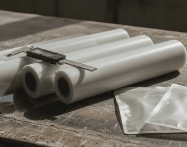 Berbagai plastik kemasan F&B dan mikrometer untuk mengukur ketebalan di meja kerja.