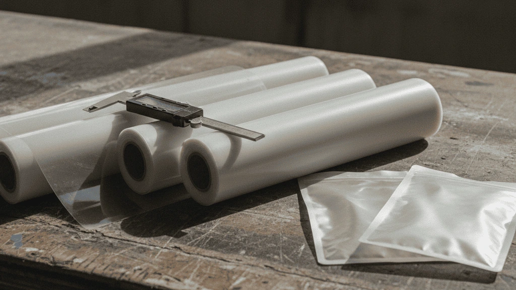 Berbagai plastik kemasan F&B dan mikrometer untuk mengukur ketebalan di meja kerja.