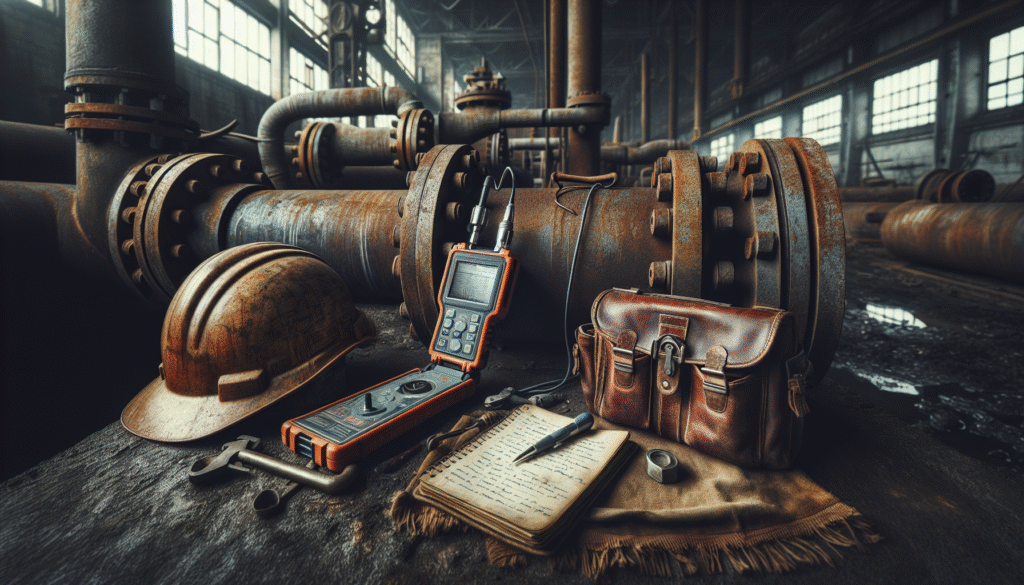 Portable ultrasonic hardness tester (UCI method) inspecting a weathered pipe flange in an oil and gas field environment.