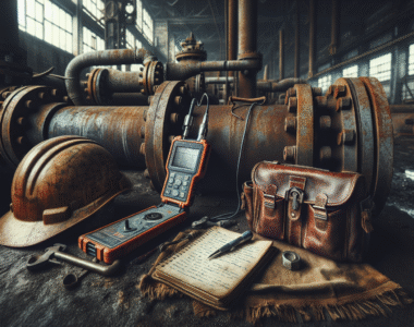 Portable ultrasonic hardness tester (UCI method) inspecting a weathered pipe flange in an oil and gas field environment.