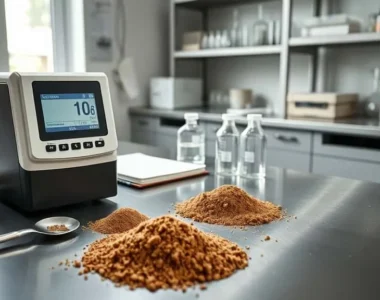 Colorimeter measuring coconut sugar hue on lab countertop for production standardization.