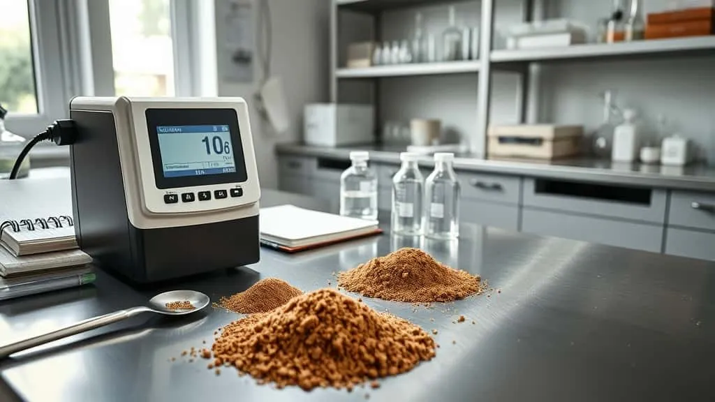 Colorimeter measuring coconut sugar hue on lab countertop for production standardization.