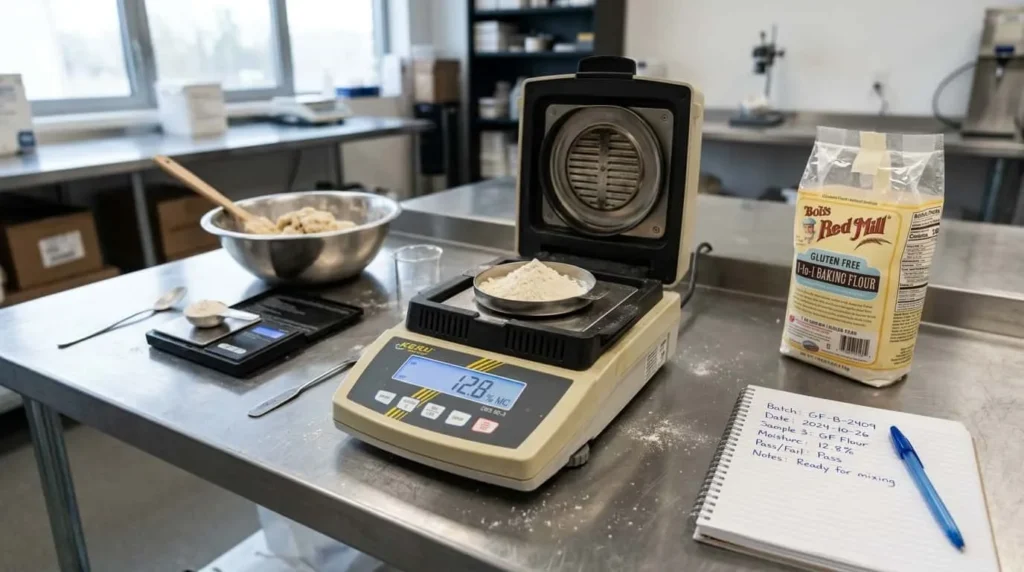 Digital moisture analyzer controlling water content of gluten-free flour sample, with dough and sealed package in background.