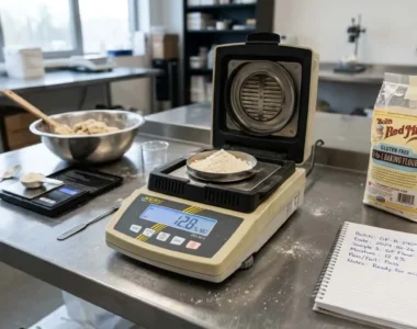 Digital moisture analyzer controlling water content of gluten-free flour sample, with dough and sealed package in background.