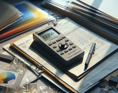 Weathered AMTAST colorimeter measuring color quality on a stack of polycarbonate hollow and solid board samples in a QC lab.