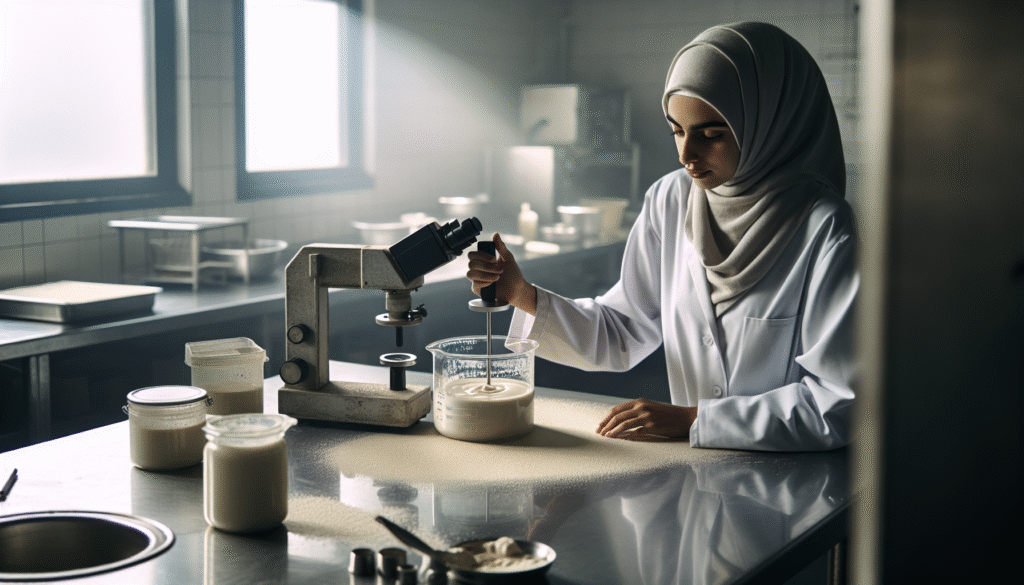 Viskometer mengukur produk makanan di lab, menunjukkan pentingnya kontrol viskositas.