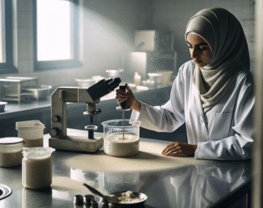 Viskometer mengukur produk makanan di lab, menunjukkan pentingnya kontrol viskositas.