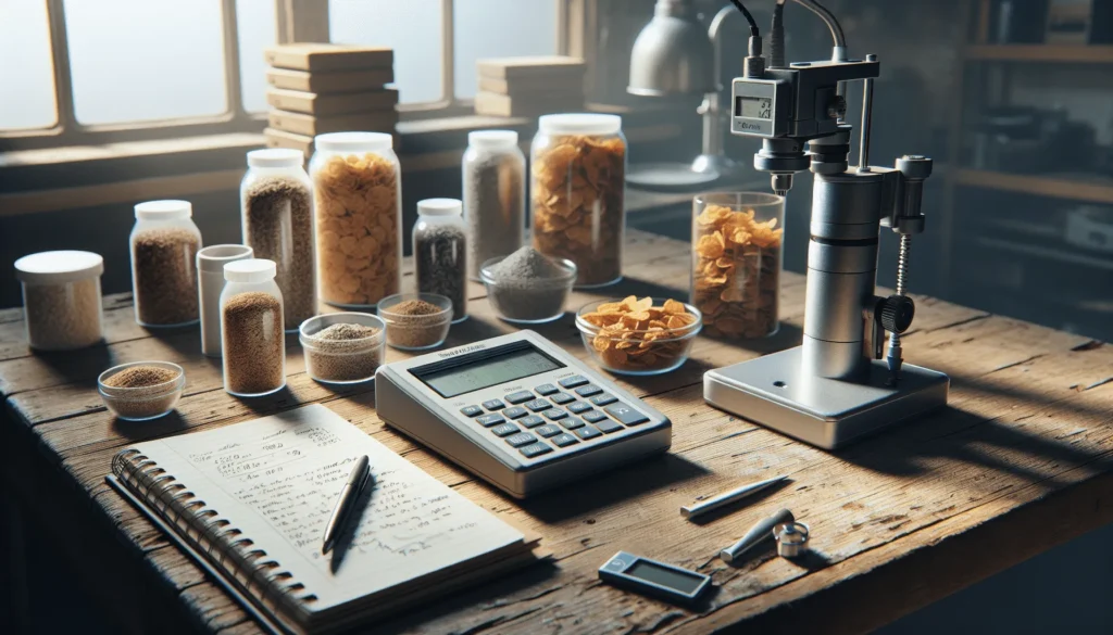 Precise water activity meter measuring dry snack samples on a professional food production workbench.