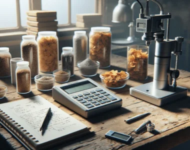 Precise water activity meter measuring dry snack samples on a professional food production workbench.