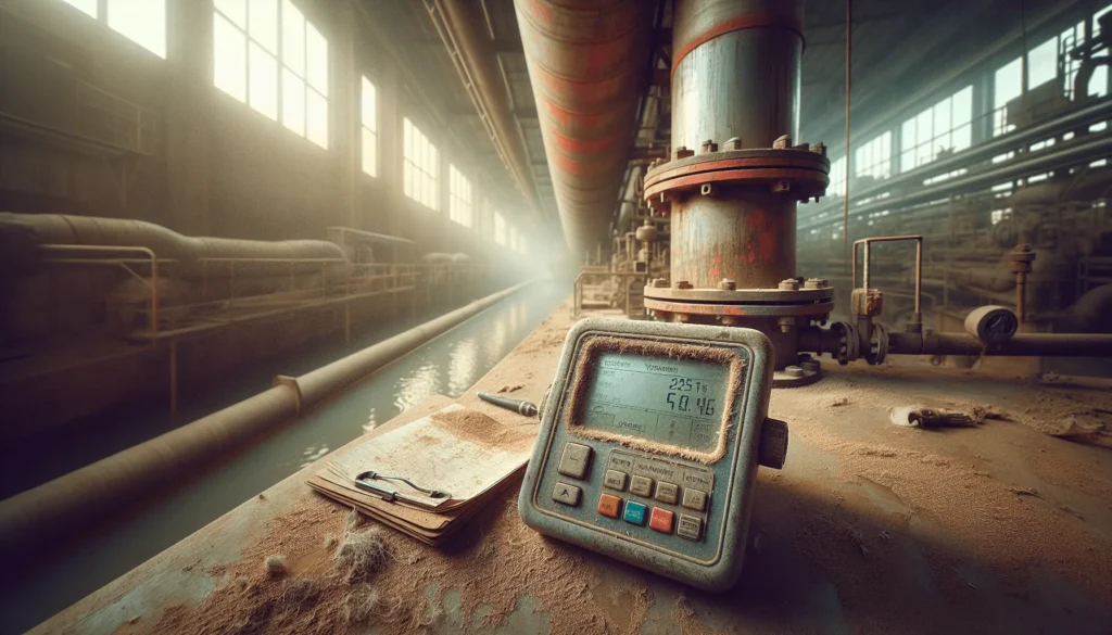 Vibration meter resting on oily metal surface inside a warm, dusty palm oil plant with scattered debris and peeled red paint on pipes