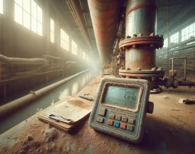Vibration meter resting on oily metal surface inside a warm, dusty palm oil plant with scattered debris and peeled red paint on pipes