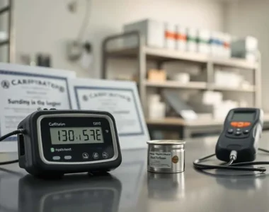 Data logger measuring humidity on lab bench with sealed sardine cans for preventing packaging texture damage and seal leaks.