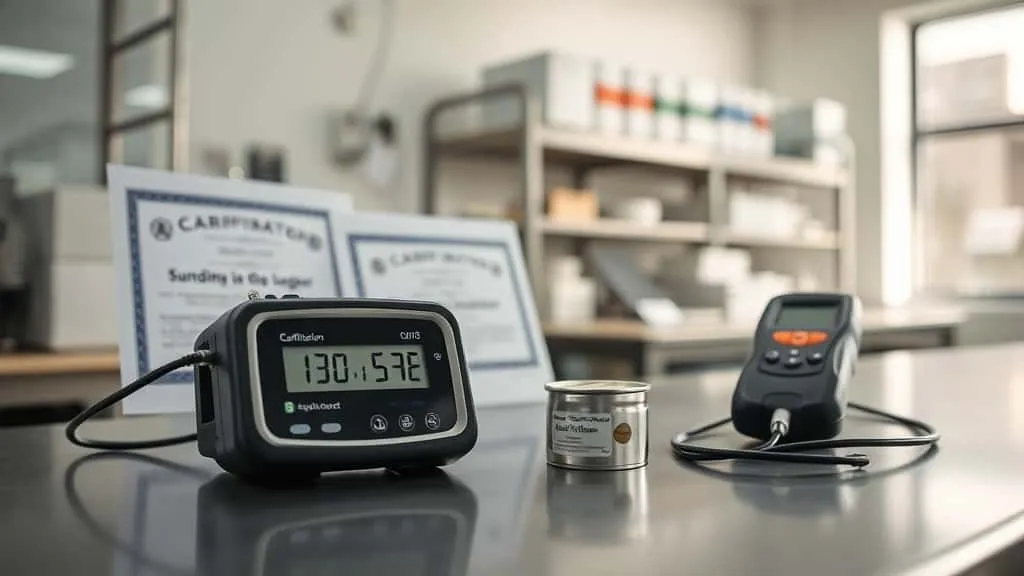 Data logger measuring humidity on lab bench with sealed sardine cans for preventing packaging texture damage and seal leaks.