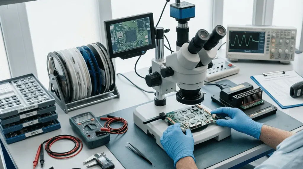 Teknisi pakai mikroskop memeriksa komponen kecil di PCB — quality control komponen elektronik untuk mencegah kegagalan produk