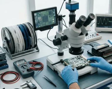 Teknisi pakai mikroskop memeriksa komponen kecil di PCB — quality control komponen elektronik untuk mencegah kegagalan produk