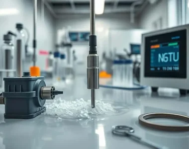 Sensor turbidimeter terendam dalam aliran air keruh industri, dengan sampel gasket di dekat vial uji untuk perbandingan kualitas.